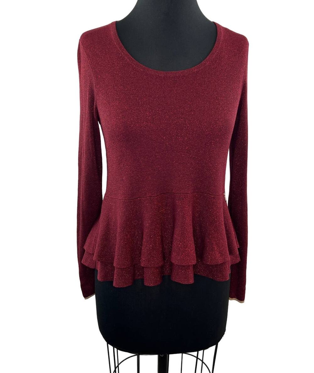 Patrizia Pepe Red Metallic Knit Ruffle Peplum Hem Blouse Top Long Sleeve 1 S